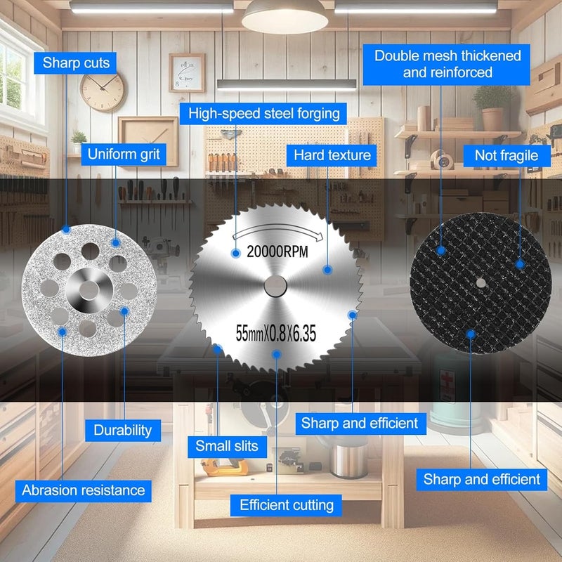 Auxiren 44Pcs Cutting Wheel Kit for Dremel Rotary Tools, Mini HSS Circular Saw Blades Cutter, Resin Cutting Discs, 545 Diamond Cut Off Wheels for Cutting Wood, Metal, Plastic, PVC, Glass, Tile, Stone - Image 4